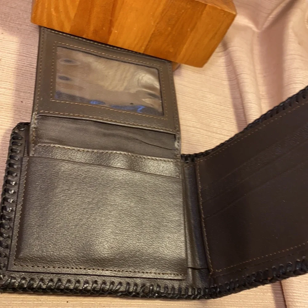 Handmade leather wallet w/hunting scene deer, owl